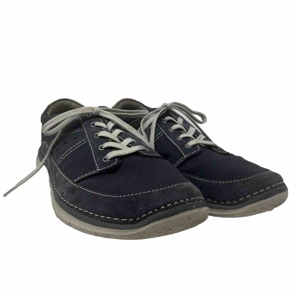 Clarks Shoes Mens 11 Navy Blue Canvas Lace Up Sneakers Soft Cushion Ortholite